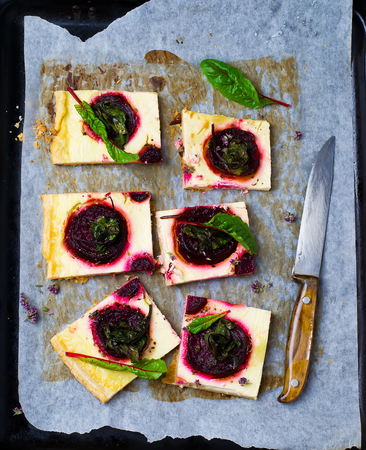 tart with cheese and beet. top view. style vintage. selective focus.の写真素材