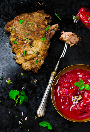 grilled pork meat. top view. style vintage. selective focusの写真素材