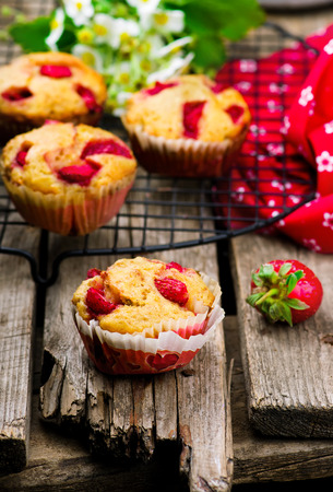 muffins with bran and strawberry. healthy food. style rustic. selective focus.の写真素材