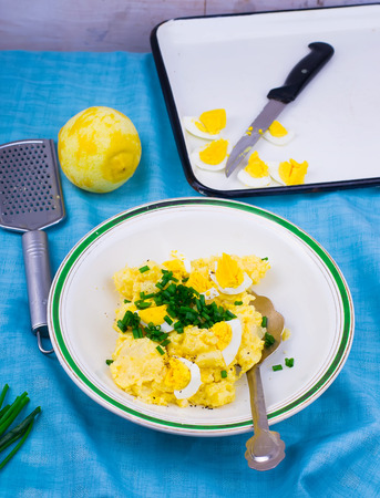 potato salad with eggs and chives.selective focusの写真素材