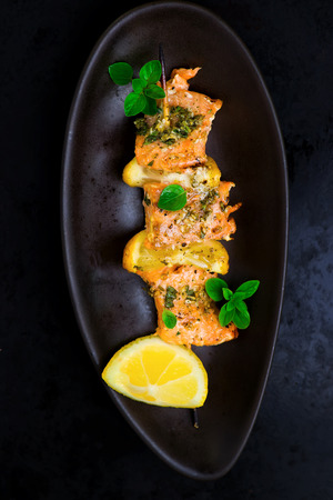 kebab from a salmon with a lemon. top view. selective focusの写真素材