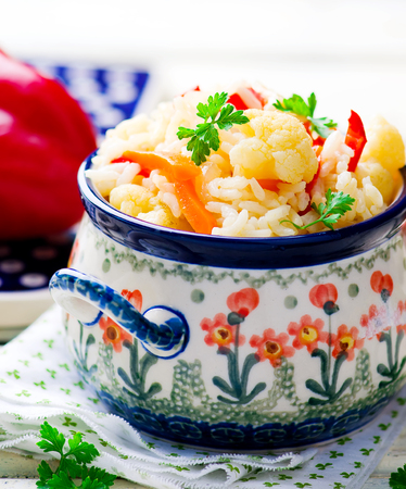 rice stewed with vegetables. vegetarian dish . selective focusの写真素材