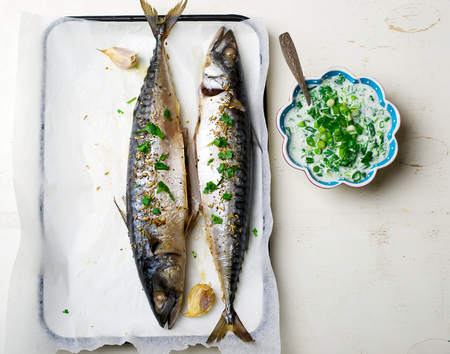 mackerel - a grill with sauce. healthy food. top view. selective focus.の写真素材