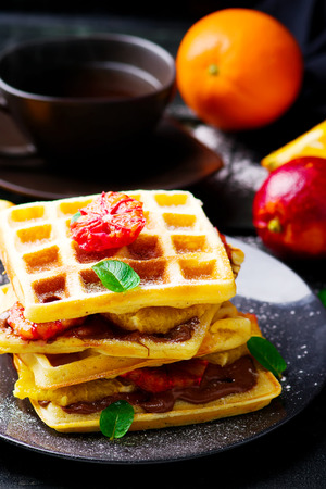 Vaffles with nutella and orange .selective focusの写真素材