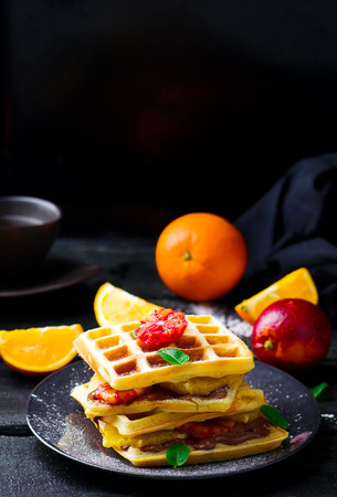 Vaffles with nutella and orange .selective focusの写真素材