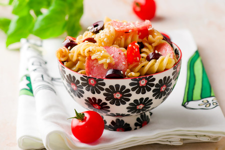 pasta salad with  sausages and vegetables. selective focusの写真素材