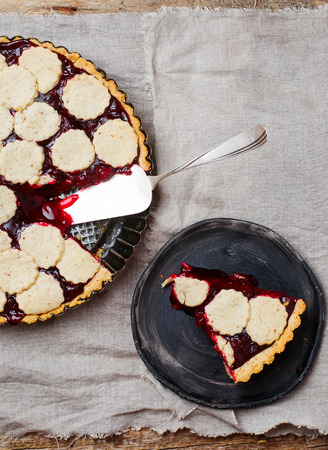 almond tart with cherry. top view. style vintage. selective focusの写真素材