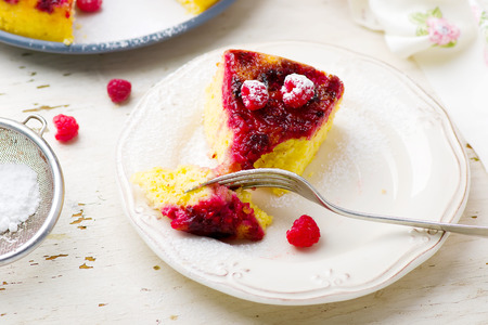 upside down  raspberry cake. selective focus