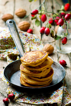 Pumpkin pancakes with banana .rustic style .selective focusの写真素材