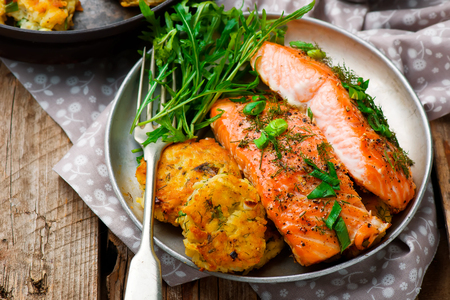Dill Salmon with Potato Patties. style rustic. selective focusの写真素材
