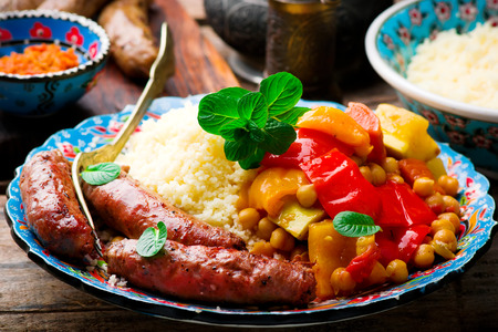 Couscous and Merguez Sausages.selective focusの写真素材