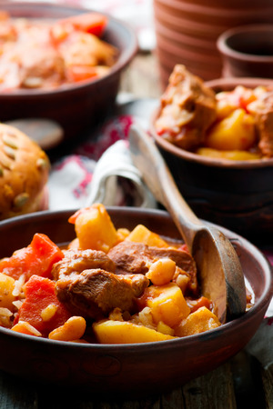 Hungarian Cholent Slow Cooker Beef-Stew.rustic style.selective focusの写真素材