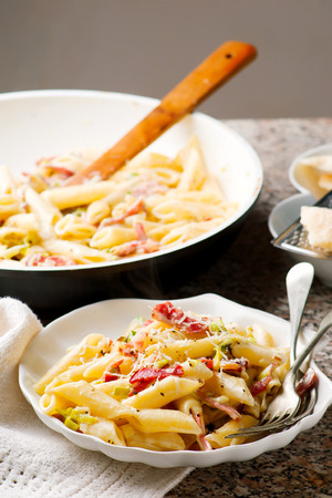 Penne with Leeks and Speck.selective focusの写真素材