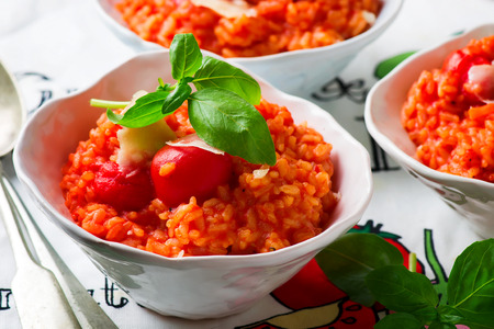 quick tomato risotto  prepared in the microwave . selective focusの写真素材