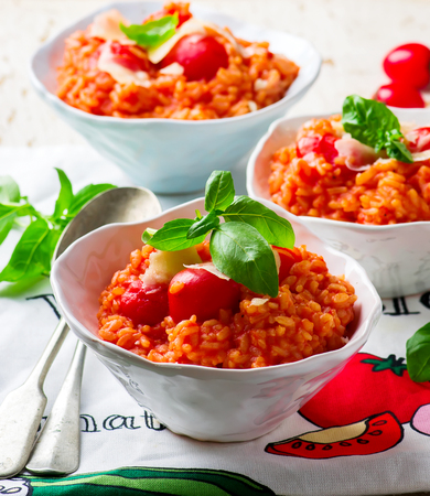 quick tomato risotto  prepared in the microwave . selective focusの写真素材