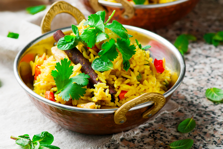 microwave biriyani. in copper bowl. selective focusの写真素材