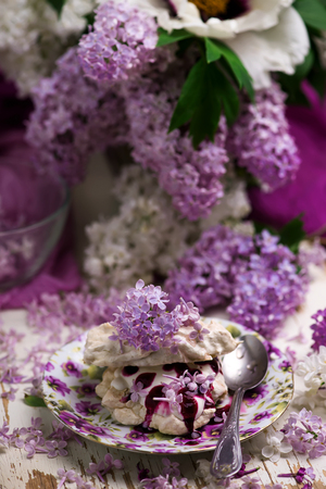 lilac and blackberry pavlovas..Style vintageの写真素材