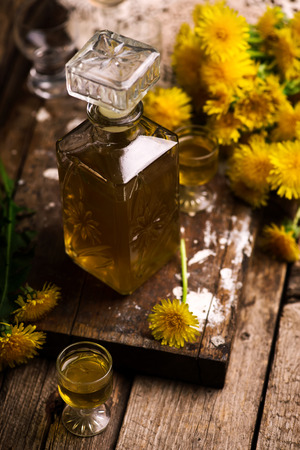 Dandelion Cordial in glass bottle .style vintage. selective focusの写真素材