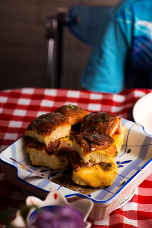 Breakfast Sliders. buns with bacon.selective focusの写真素材