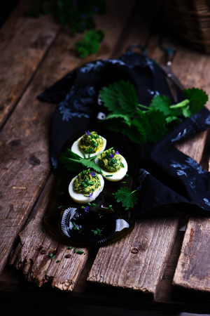 nettled eggs spring devils.style rustic.selective focusの写真素材