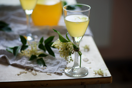 elderflower white wine in glasses.の写真素材