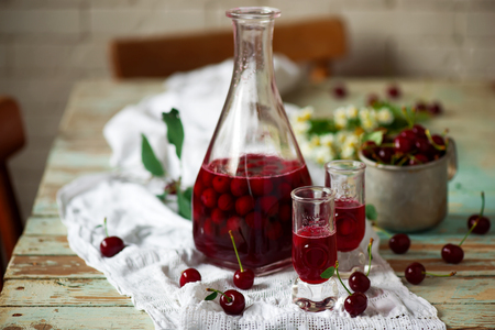 Cherry vodka in the glasses .. style vintage. selective focusの写真素材