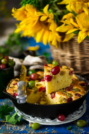 Gooseberry skillet cake.rustic  style.selective focusの写真素材
