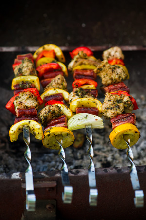 CAJUN CHICKEN AND SAUSAGE KEBABS.outdoor.selective focusの写真素材