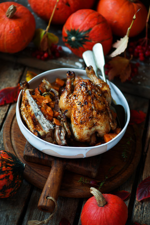 Stuffed cornish hens with pumpkin..style rustic.selective focusの写真素材