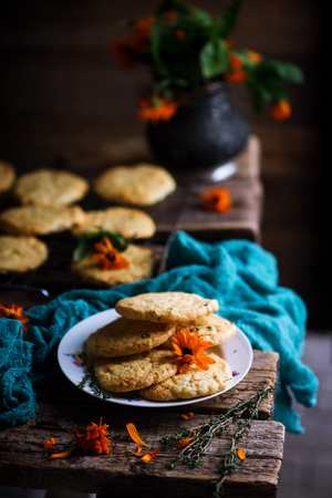 Oatmeal shortbread. Rustic style. Selective focusの写真素材