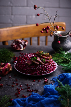 
Salad Garnet bracelet. Traditional Russian Festive Salad.selective focusの写真素材