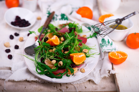 ham watercress salad clementine dressing.selective focusの写真素材