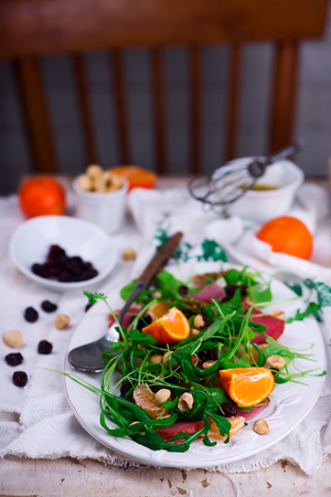 ham watercress salad clementine dressing.selective focusの写真素材