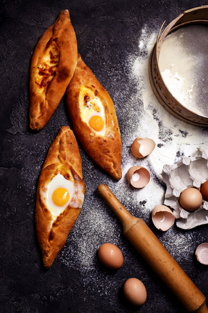 Khachapuri, traditional Georgian pie. Rustic style. selective focusの写真素材