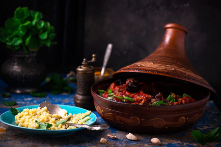 Tajin with lamb and dried fruits. Rustic style. Selective focusの写真素材