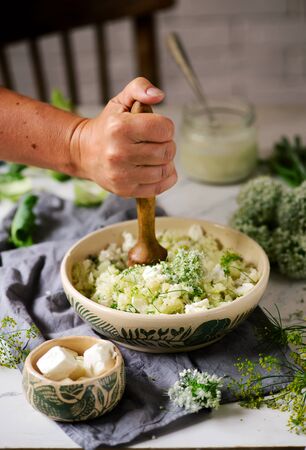 Cauliflower puree with herbs and feta.selective focusの写真素材