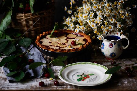 Cherry Almond Cake. style rustic. natural light.selective focusの写真素材