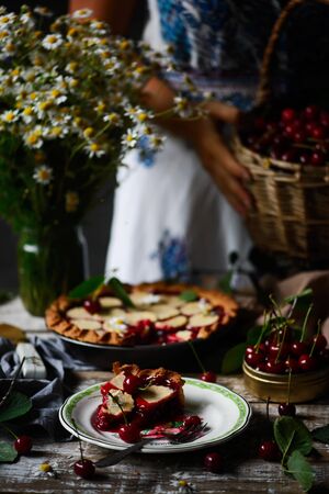 Cherry Almond Cake. style rustic. natural light.selective focusの写真素材