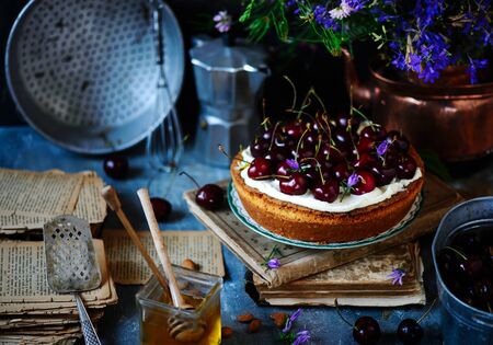 cream cheese frosting cherry cake. style rustic. natural light.selective focusの写真素材