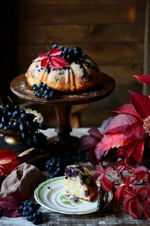 Grape bund cake with autumn decor. .style rustic. selective focusの写真素材
