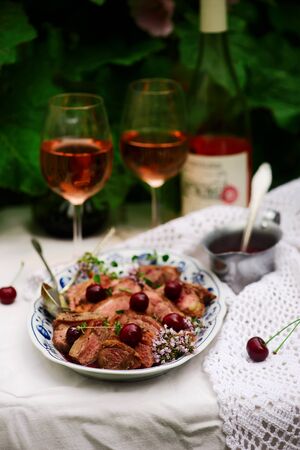 Duck Breast with Cherry Sauce.style rustic.selective focusの写真素材
