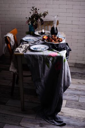 ROAST PARTRIDGE WITH HONEY-ROAST APPLES.style vintage.selective focusの写真素材