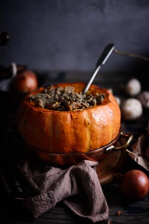 Sausage-Stuffed Pumpkins.dark photo.selective focusの写真素材