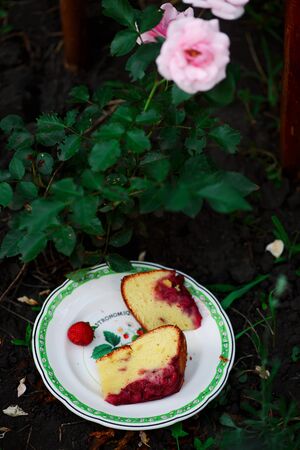 Upside down strawberry cake..vintage style.selective focusの写真素材
