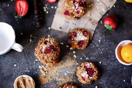 Strawberry oatmeal vegan cookies..style rustic.selective focus