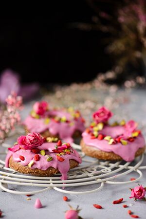 Vegan raw raspberry donuts..style vintage.selective focusの写真素材