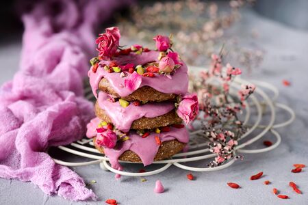 Vegan raw raspberry donuts..style vintage.selective focusの写真素材