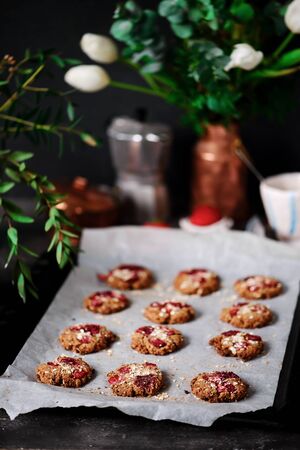 Strawberry oatmeal vegan cookies..style rustic.selective focusの写真素材