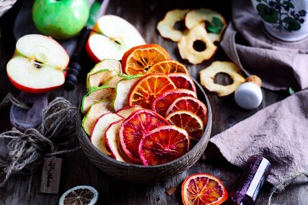 Fresh organic fruit chips. style  rustik . selective focus.の写真素材