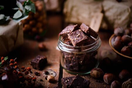 Vegan chocolate fudge..style rustic.selective focus